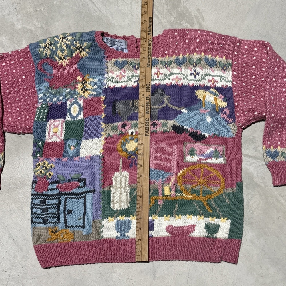 Vintage Hand Knitted Cardigan Sweater SZ L Cottagecore Antiques Farm House Pink - Picture 8 of 13